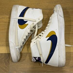 White High-Top Sneakers with Navy & Mustard Swoosh